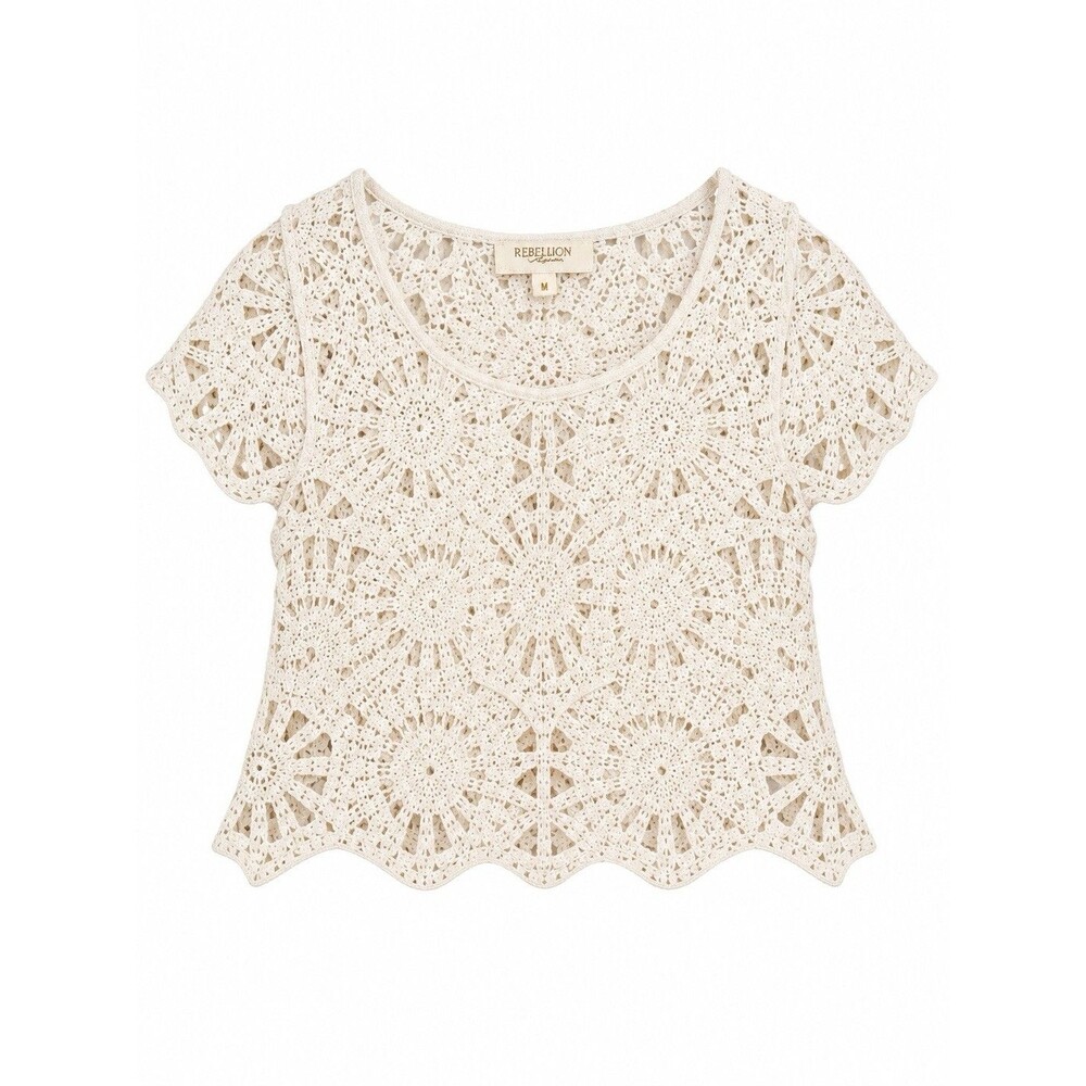 Rebellion Again Cream Cotton Floral Crochet Crop Top M Boho Cottagecore